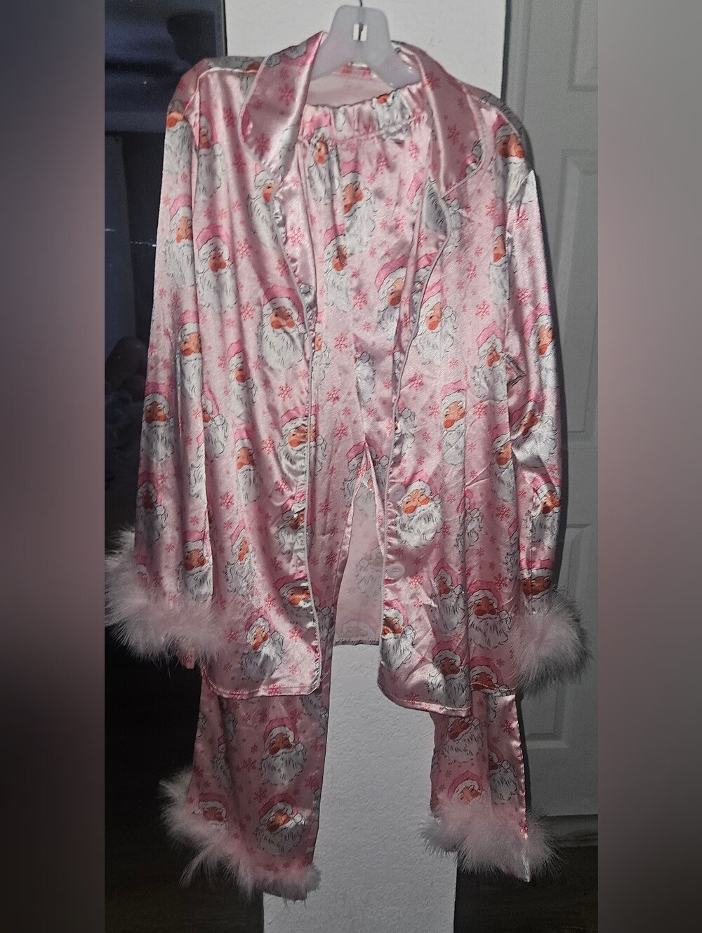 Pink Satin Santa Print Robe & Lounge Set